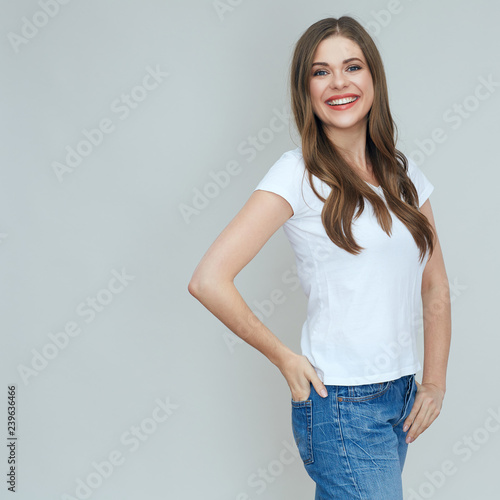 smiling woman wearing white t shirt