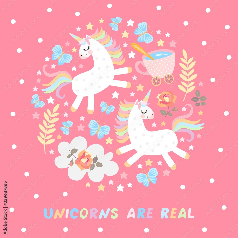 Unicorns are real. Cute card with magic creatures on bright pink background. Unicorns are real. Cute card with magic creatures on bright pink background.