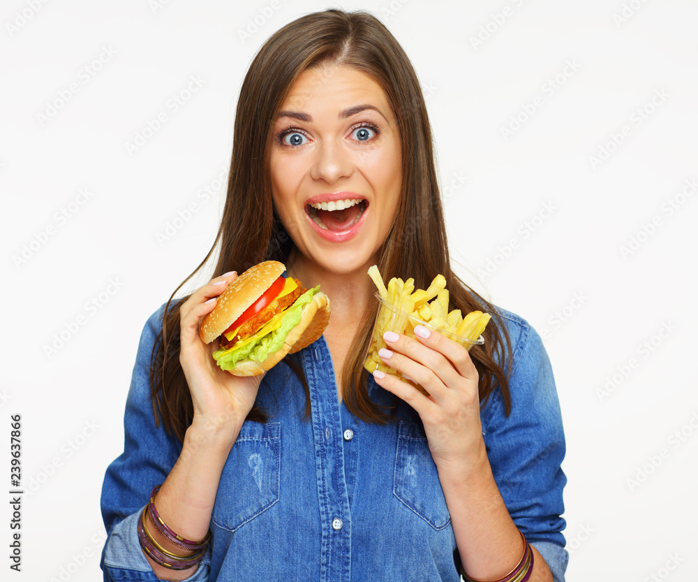Isolated portrait of woman holding burger
