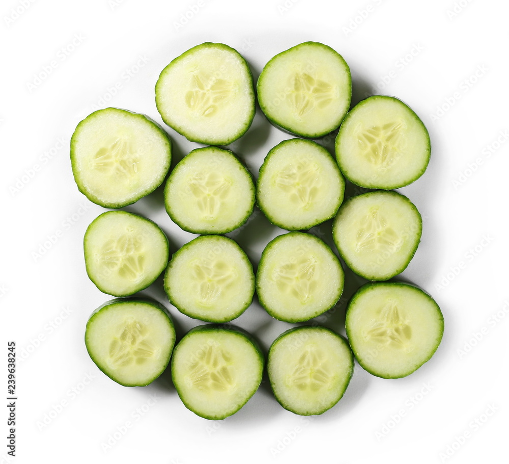Fresh sliced cucumber isolated on white background, top view Fresh sliced cucumber isolated on white background, top view