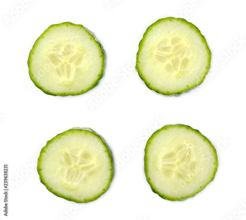 Fresh sliced cucumber isolated on white background, top view