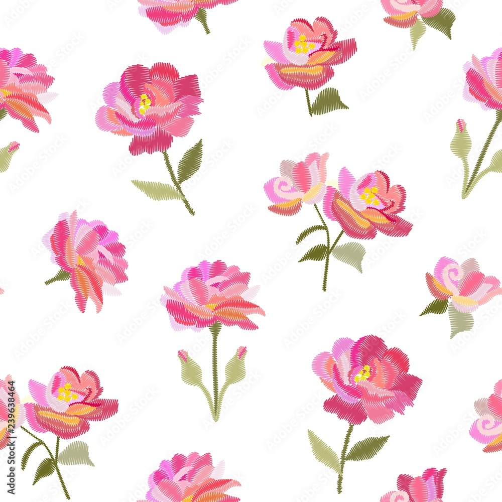 Embroidery seamless pattern with beautiful pink rose flowers isolated on white background. Summer print. Fashion design. Vector embroidered illustration.