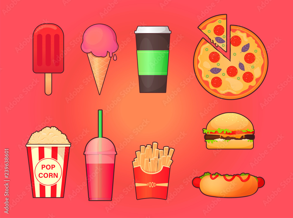 Set of vector fast food icons. Set of vector fast food icons.
