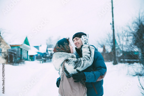  loving couple on   street in winter