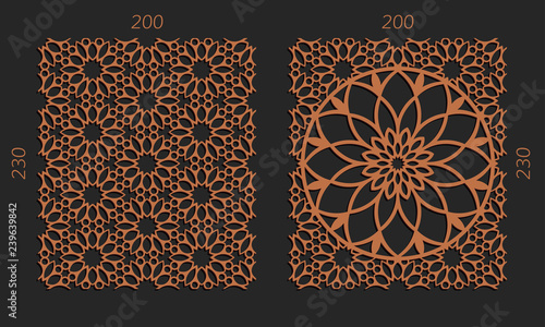 Laser cutting set. Woodcut vector trellis panels. Plywood lasercut floral design. Hexagonal seamless patterns for printing, engraving, paper cut. Stencil lattice ornaments.