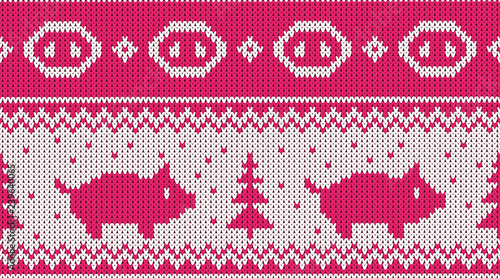 Christmas seamless knitted pattern with piglet and the fir christmas trees. Happy new 2019 year - chiness new year of the earth pig vector illustration.