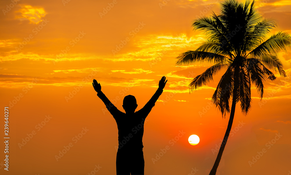 Happy Hour Man holds arms with coconut tree view on the beach at sunset.