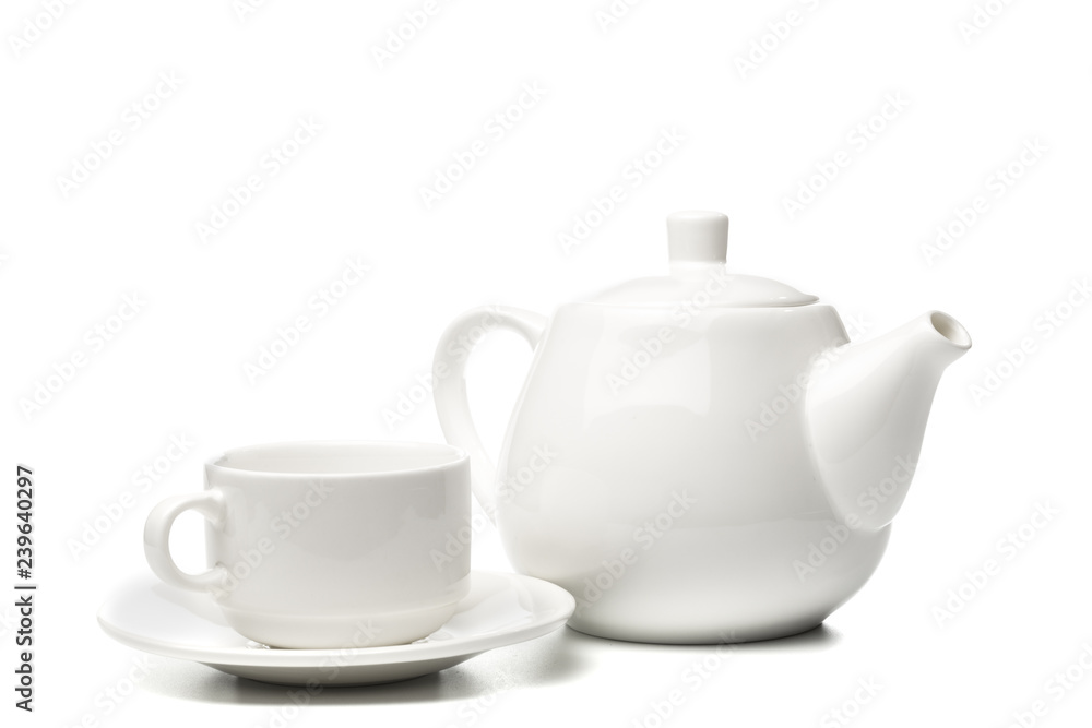 Tiny white teapot and cup on white background