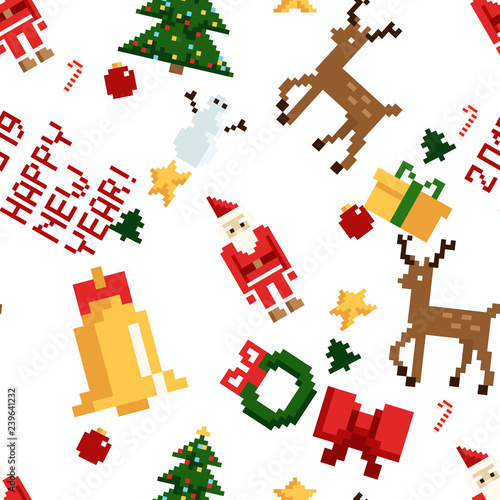 Colorful Pixel Pattern with Christmas Elements. Atcade games style