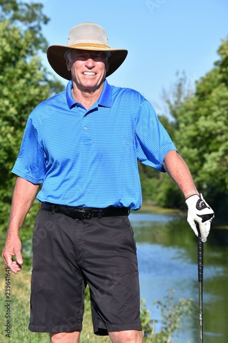 Happy Male Golfer Athletic Man With Golf Club Playing Golf