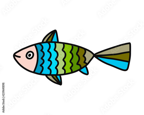 Cute blue green long fish hand drawn illustration