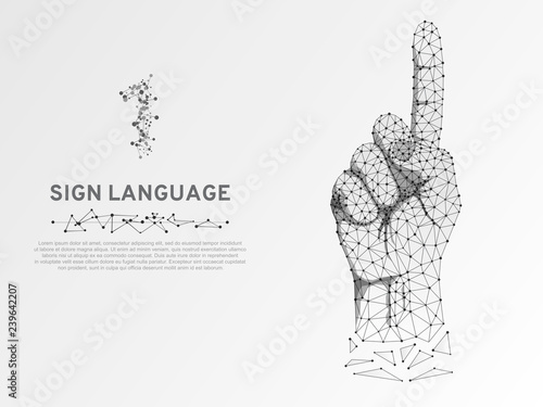 Origami style Sign language number one gesture, low poly model of human hand pointing, showing. Deaf people silent communication alphabet. Polygonal connection wireframe. Vector 1 on white background