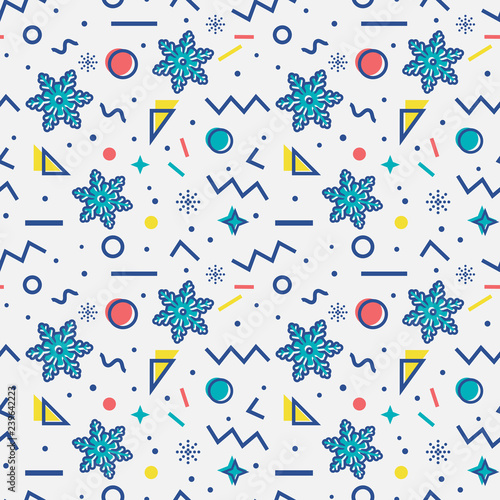 Seamless pattern with snowflakes. Memphis style. Vector background.