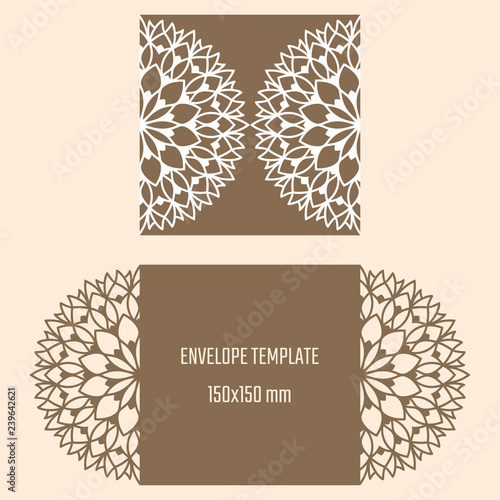 Laser cutting vector envelope. Wedding die cut invitation template. Cutout silhouette card. Scrapbook carved paperwork. Floral layout.