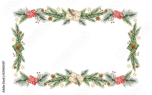 Watercolor vector Christmas banner with green fir branches and gift.