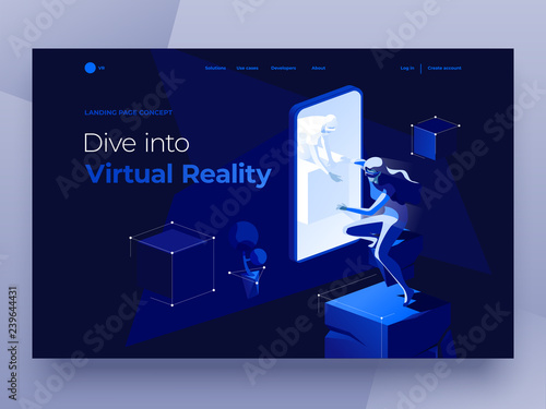 Virtual augmented reality concept with people playing a video game on the dark blue background. A man in a smartphone gives his hand to a woman. Landing page. 3d vector isometric illustration.