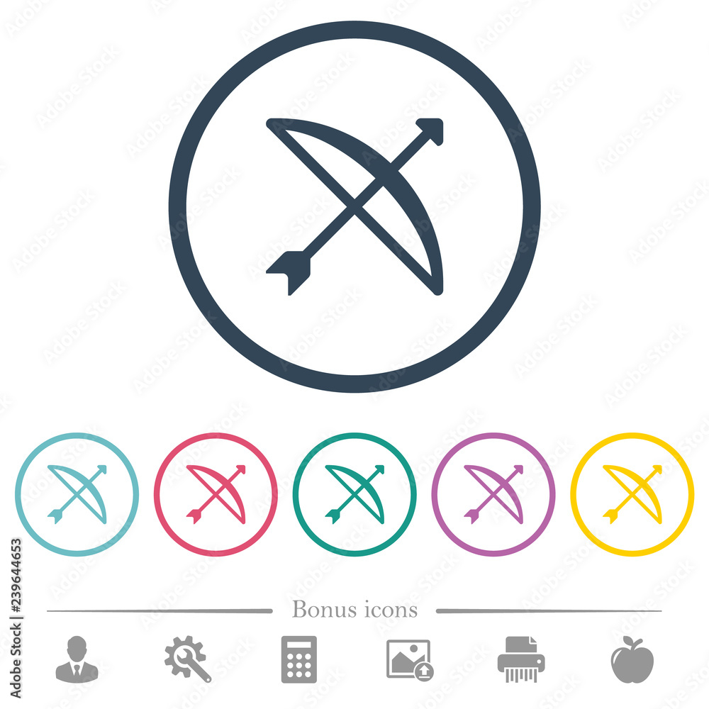 Bow with arrow flat color icons in round outlines Bow with arrow flat color icons in round outlines