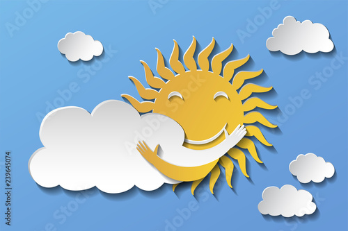 Sun Hugging Cloud. Vector Illustration. Paper Art Style. EPS10