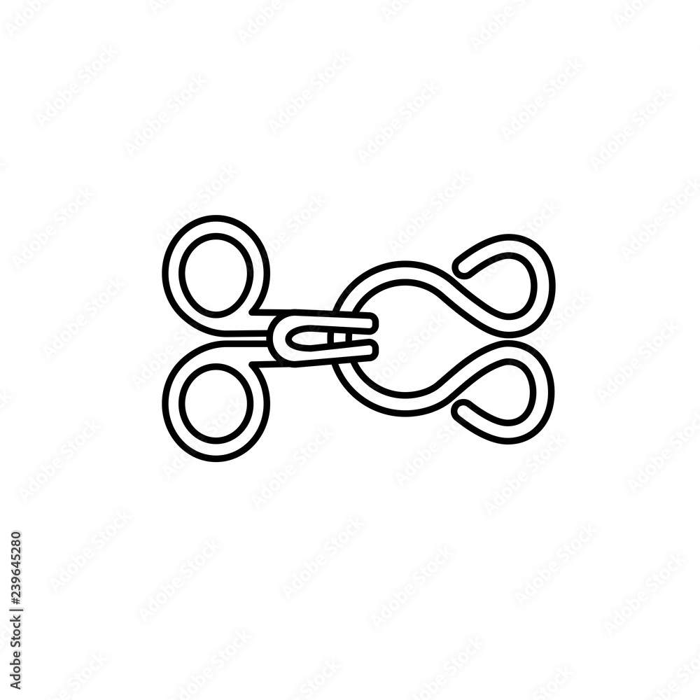 Black & white illustration of hook and eye closure. Bra fastener. Vector  line icon. Isolated object Stock Vector