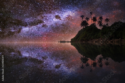 Fototapeta Naklejka Na Ścianę i Meble -  Tropical beach with palm trees under starry sky with Milky Way