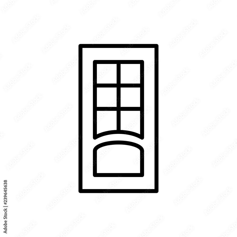Black & white illustration of closed glass door. Vector line icon. Isolated object Black & white illustration of closed glass door. Vector line icon. Isolated object