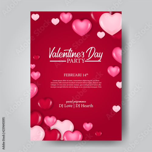 Happy Valentine day party poster template with 3D pink hearth balloon. Vector illustration