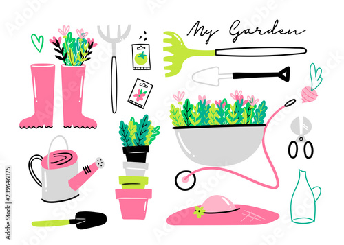 Various tools for working in the garden. Hand drawn colored vector set. All elements are isolated
