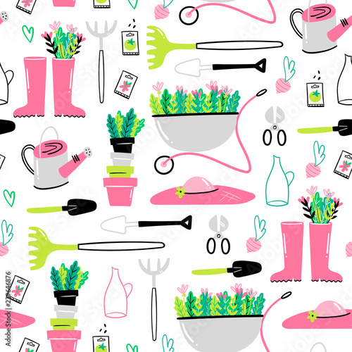 Various tools for working in the garden. Hand drawn colored vector seamless pattern