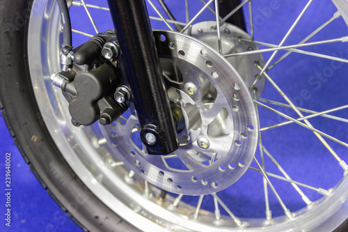 Detail Motorcycle wheel and Disc Brake ABS brakes part of the motorcycle.