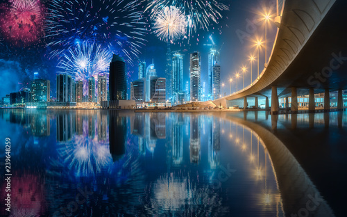 Canvas Print Beautiful fireworks above Dubai Business bay, UAE