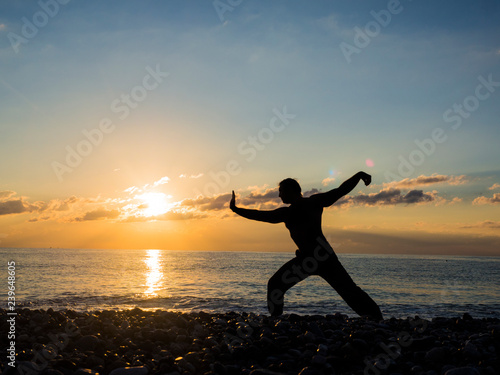 Silhouette of young male martial artist or yoga specialist at beach during spectacular sunset