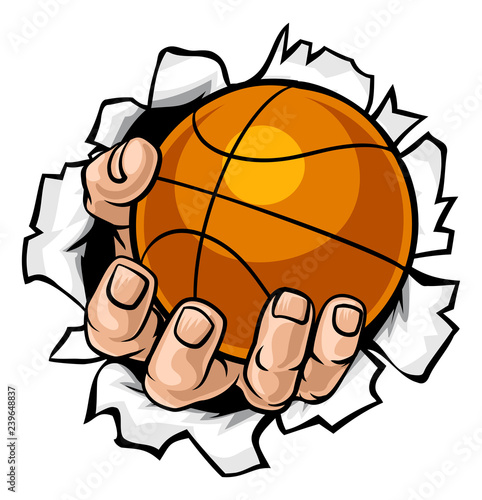 A strong hand holding a basketball ball tearing through the background. Sports graphic