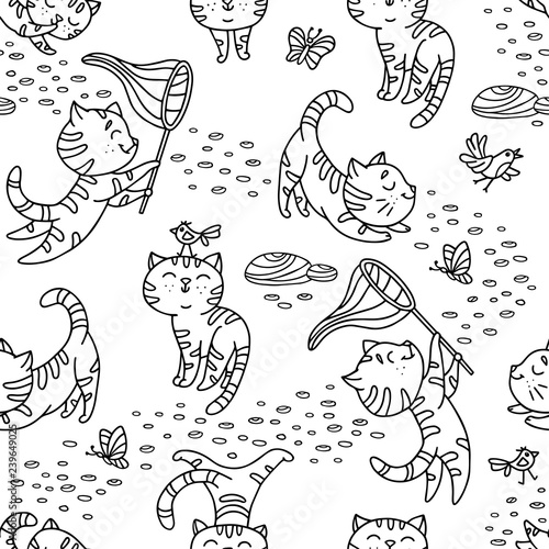 Seamless pattern with hand-drawn playful kittens with birds, butterfly, stones