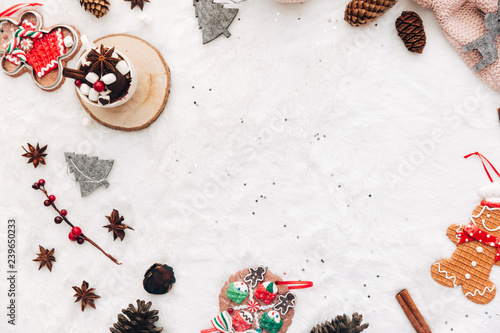 Christmas composition with decorations. Flat lay on white cozy background, copy space