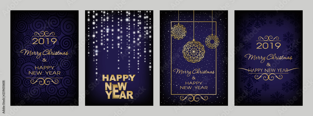 Fototapeta premium Christmas decorations on dark blue background. Merry Christmas and Happy New Year. Luminescent glow, snowflakes, stars, serpentine, shine garlands and christmas balls. Christmas set.