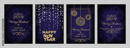 Christmas decorations on dark blue background. Merry Christmas and Happy New Year. Luminescent glow, snowflakes, stars, serpentine, shine garlands and christmas balls. Christmas set.