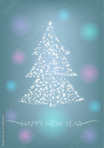 Christmas tree from snowflakes and stars. Happy New Year. Blue background wit...