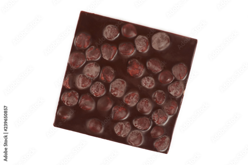 Dark chocolate bar with nuts isolated on a white background.