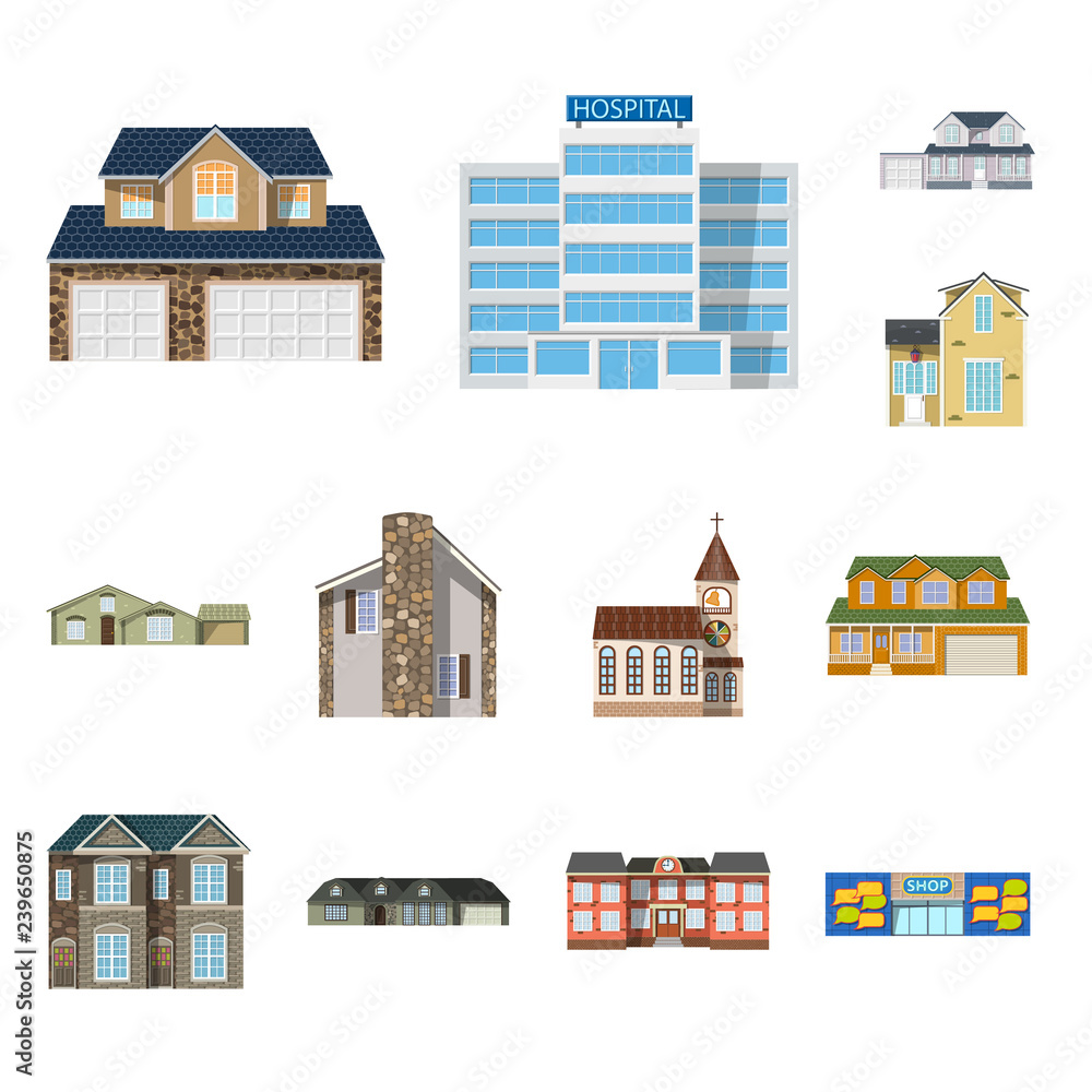 Vector illustration of building and front logo. Set of building and roof stock symbol for web.