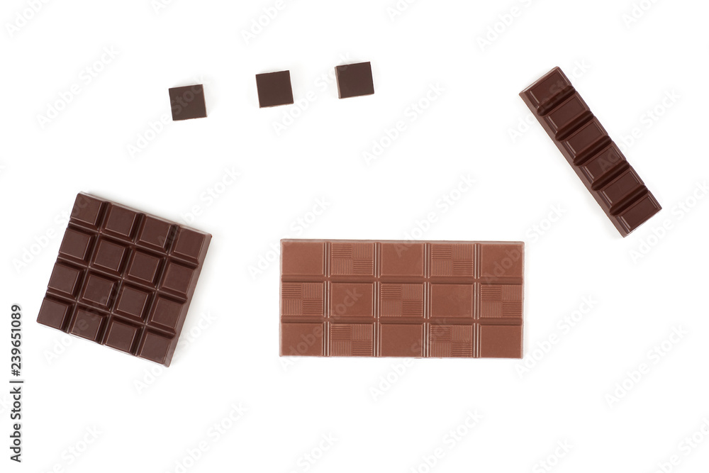 Set with different kinds of chocolate on white background. Set with different kinds of chocolate on white background.