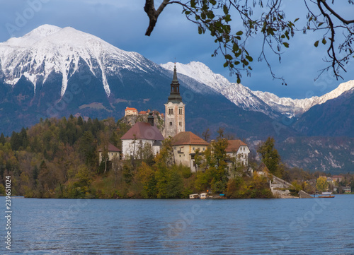Fototapeta Naklejka Na Ścianę i Meble -  Picture of Pilgrimage Church of the Assumption of Maria on an island on Lake Bled, Slovenia.  Fall capture, with turning leaves framing the island and snow capped mountains