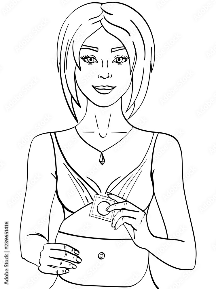 Woman getting ready for date and putting condom in handbag. object on white background. Book coloring, black lines Woman getting ready for date and putting condom in handbag. object on white background. Book coloring, black lines