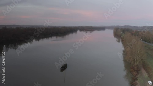 Aerial/ drone footage of sunset over the Loire river, France photo