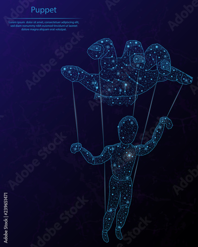 Abstract image of a hand and puppet in the form of a starry sky or space, consisting of points, lines, and shapes in the form of planets, stars and the universe.