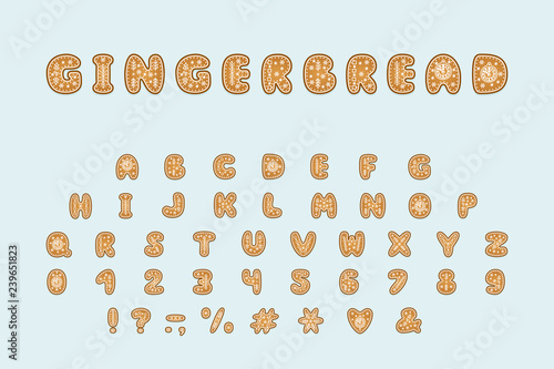 Alphabet gingerbread design. Letters, numbers and punctuation marks. EPS 10