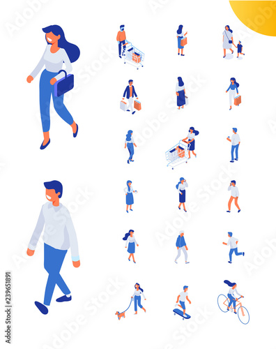  Different isomeric people vector set isolated on white. Male and female characters. Flat isometric vector.