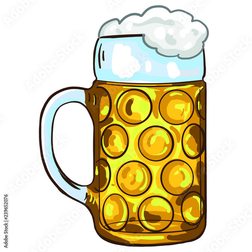 Hand drawn big traditional Oktoberfest beer glasses with banner and and bavarian flag. toast, prosten, gold, foam, card, celebration, beer, vector, isolated.