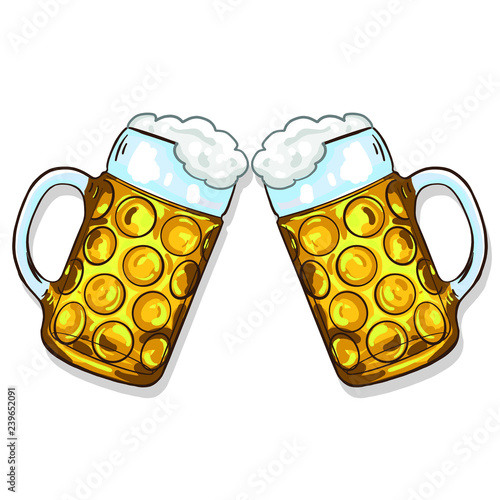 Hand drawn big traditional Oktoberfest beer glasses with banner and and bavarian flag. toast, prosten, gold, foam, card, celebration, beer, vector, isolated.