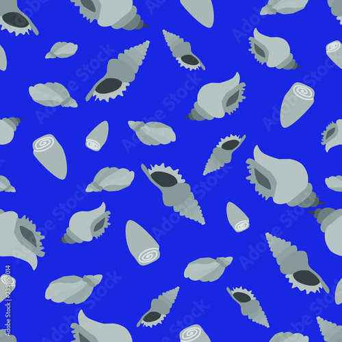 Seashells of different sea animals.  Vector, seamless repeating pattern design. For posters, graphic design, home decor, stationery, scrapbooking, packaging, wallpaper, greeting cards. As a background