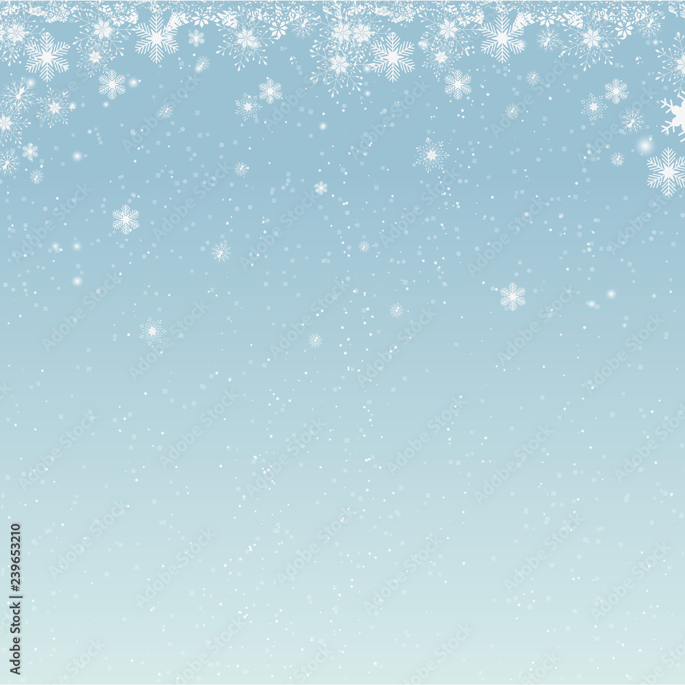 Beautiful falling snow Christmas background. Subtle flying snow flakes and stars on light grey background. Actual winter silver snowflake overlay template. Brilliant vector illustration.